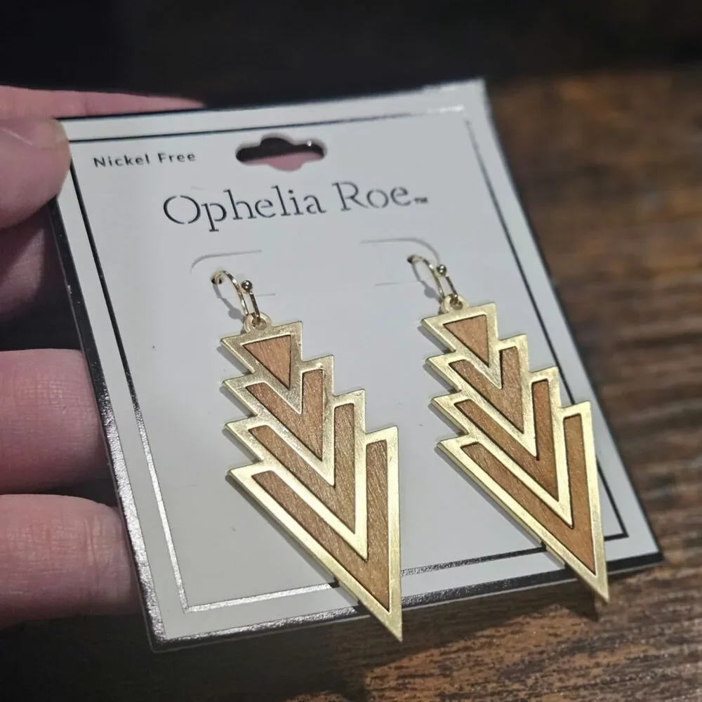Ophelia Roe Gold Tone Wood Geometric Drop Earrings Nickel Free NWT Deadstock